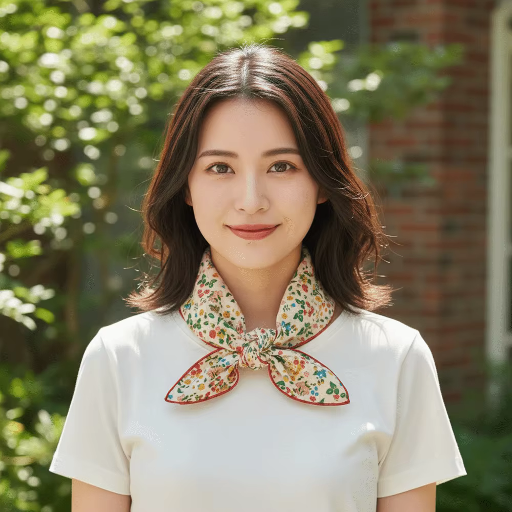 Petit foulard carré en soie imprimé motif fleur de cerisier