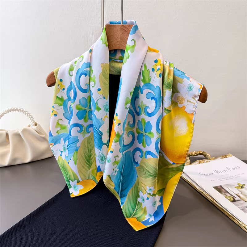 Nouveau Foulard Carré Imprimé Citron 2026 en Satin Doux Imitation Soie pour Femme – Bandana
