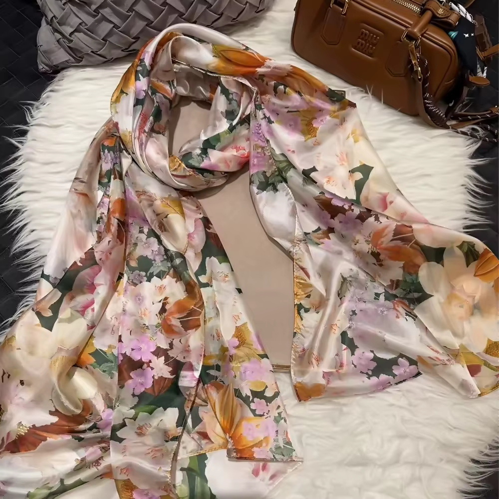 BYSIFA | Beige bleu foulard en soie châle femmes imprimé fleuri écharpe Cape automne hiver 100% mûrier