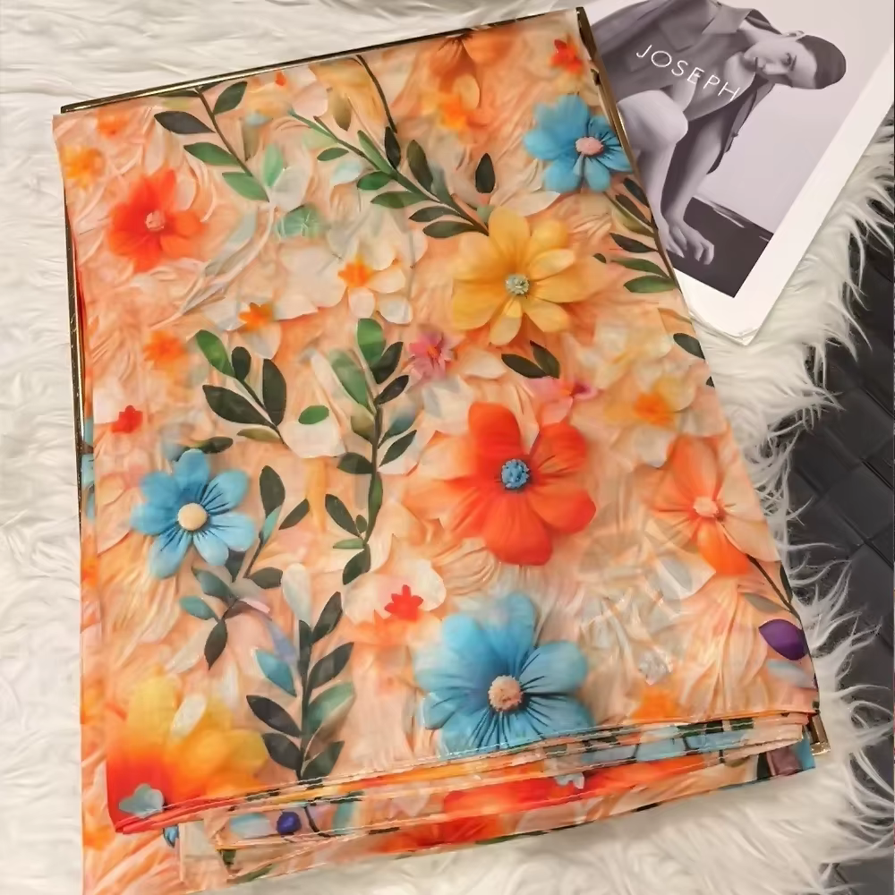 Orange bleu femmes 100% foulard en soie de mûrier élégant Floral longue Pure écharpe