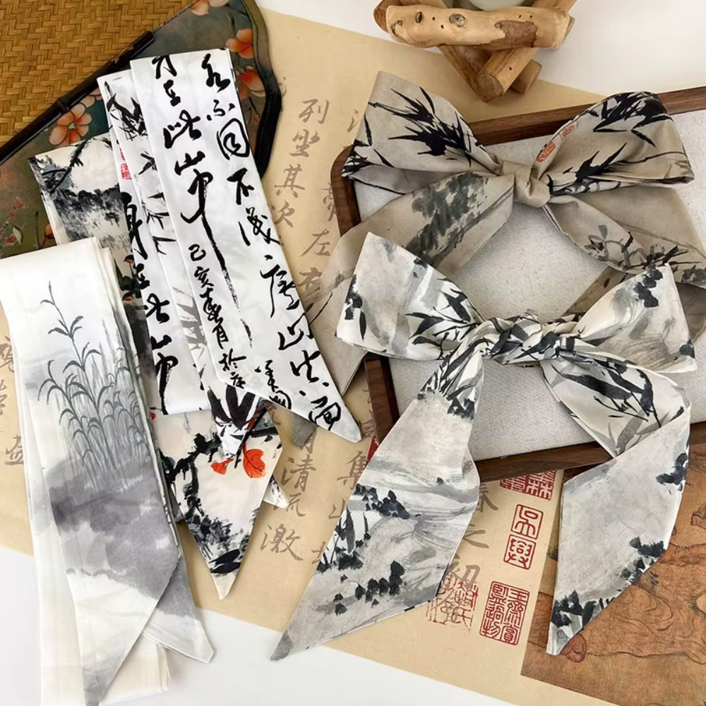 Élégant longue peinture à l'encre foulard en soie Style minimaliste ruban ancien bandeau de cheveux