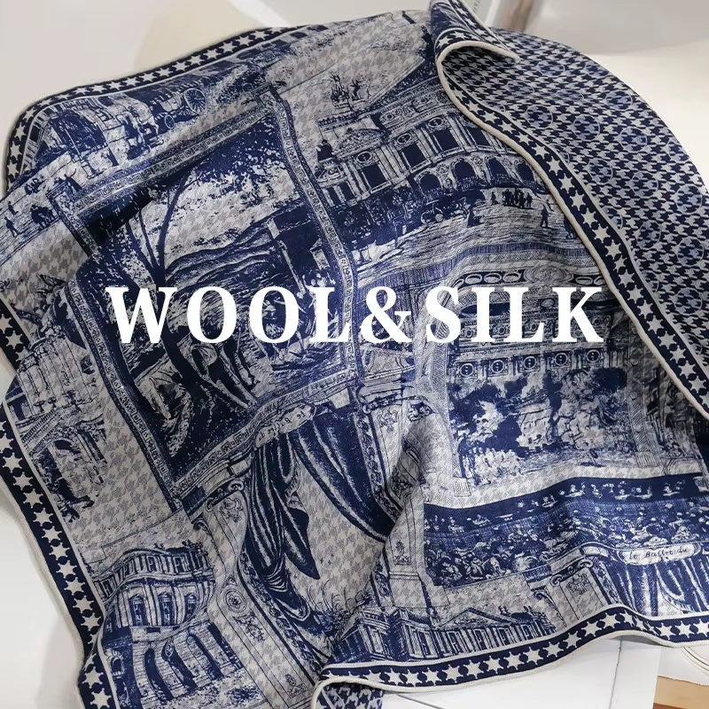 70% laine 30% foulard en soie hiver femmes élégant ethnique bleu imprimé géométrique carré écharpe femmes chaud écharpe Hijab châle