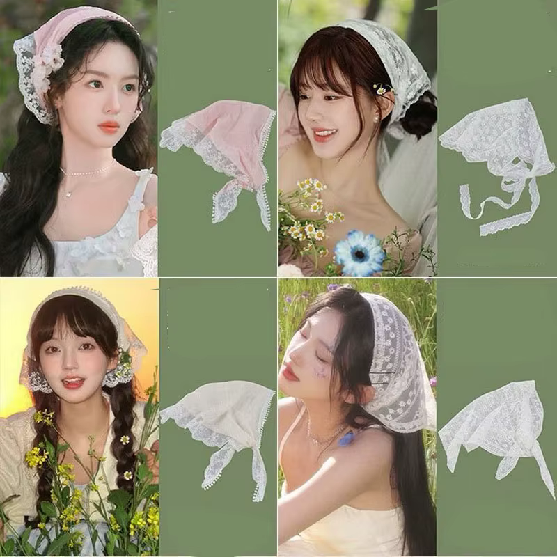 Femmes rétro dentelle cheveux écharpe bohême Triangle foulard filles imprimer Bandana bandeau blanc bandes