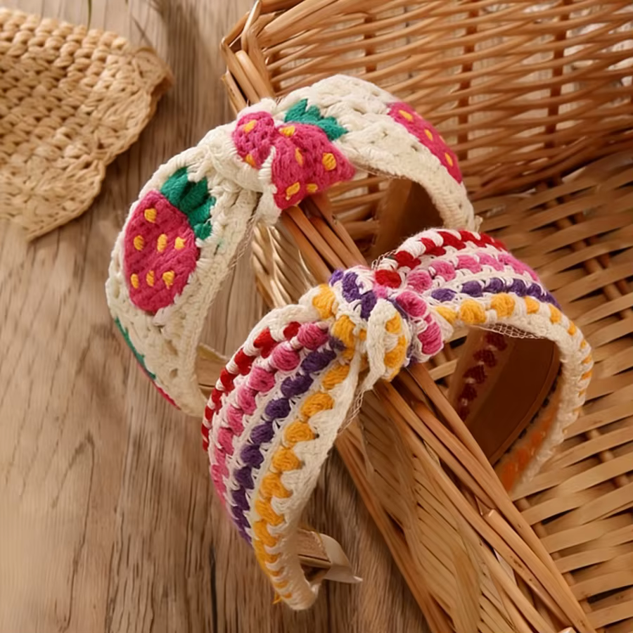 1 bandeau au crochet de style bohème fait main – Bord large avec motif floral à carreaux et fraises