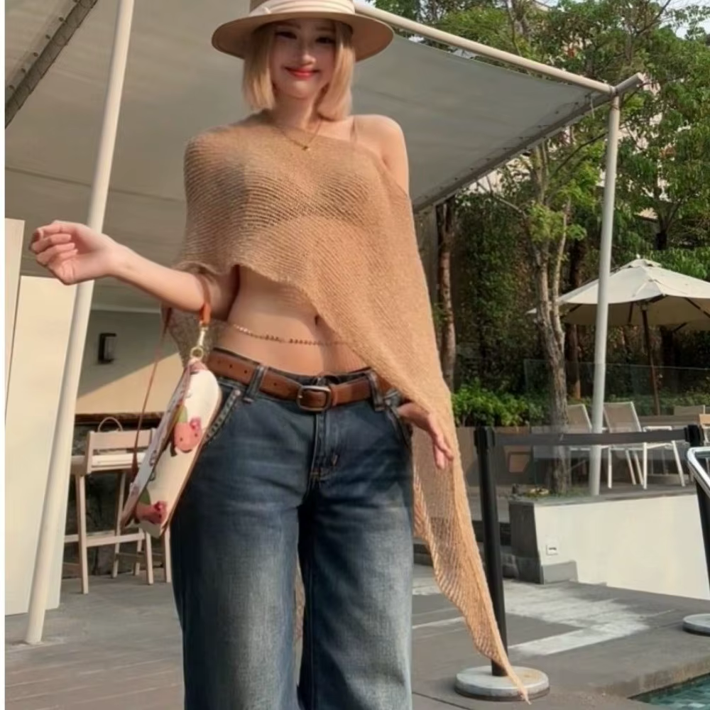 Poncho décontracté en crochet à épaules tombantes