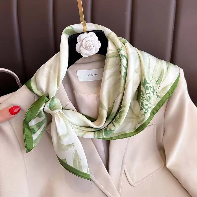 Écharpe carrée à imprimé floral vert pour femme