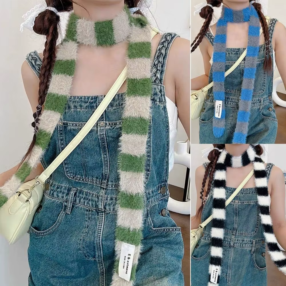 Tricoté Y2K fille rayure écharpe mince mode Streetwear femmes longues écharpes chaud cou maigre