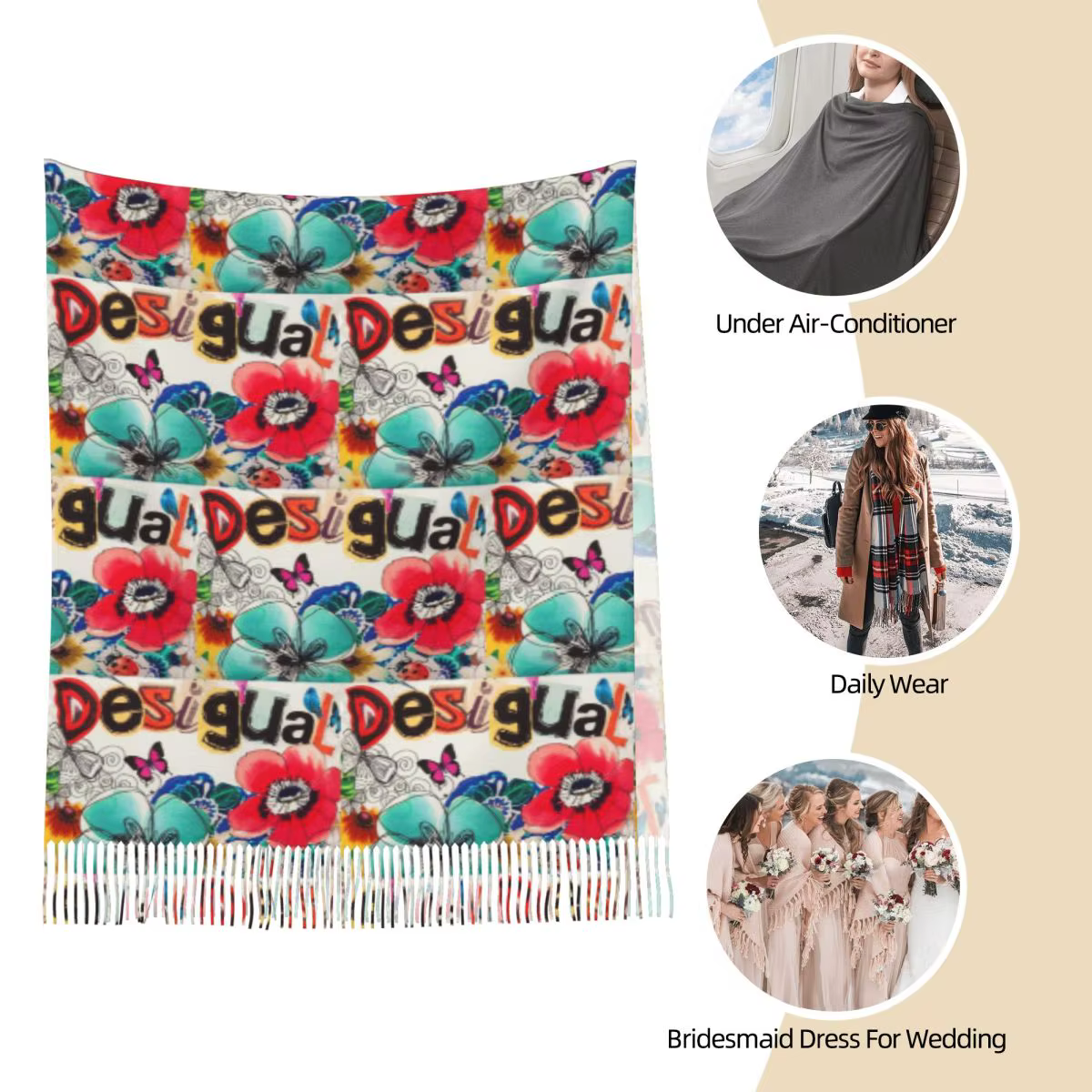 Desigual écharpe personnalisée gland foulards femmes doux chaud châles et enveloppes grand automne hiver châle Wrap
