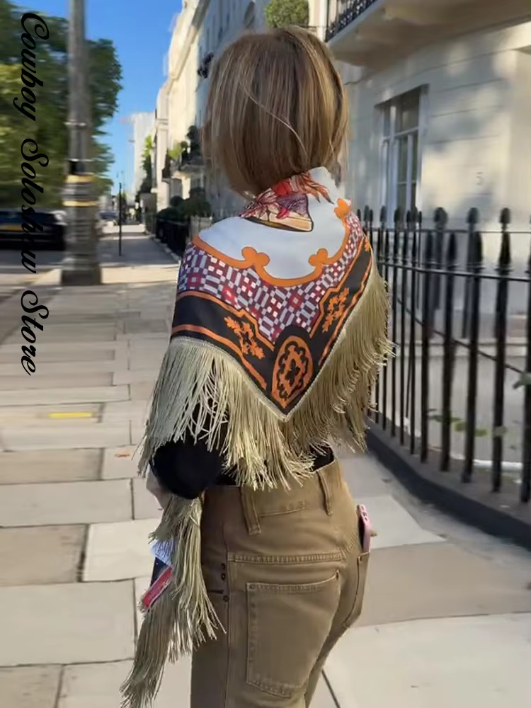 Écharpe carrée vintage imprimée à franges et patchwork pour femme