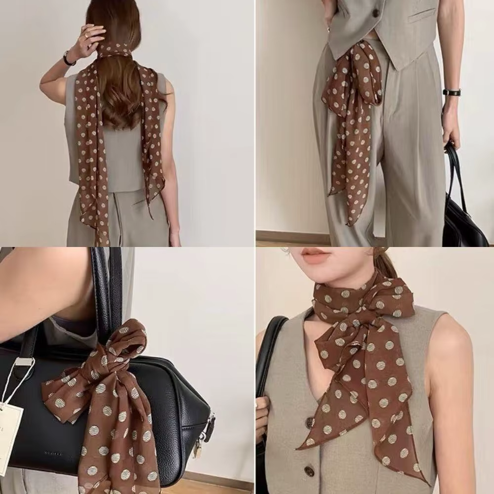 Ins marron à pois longue écharpe en soie printemps été polyvalent foulard sac rubans doux en mousseline