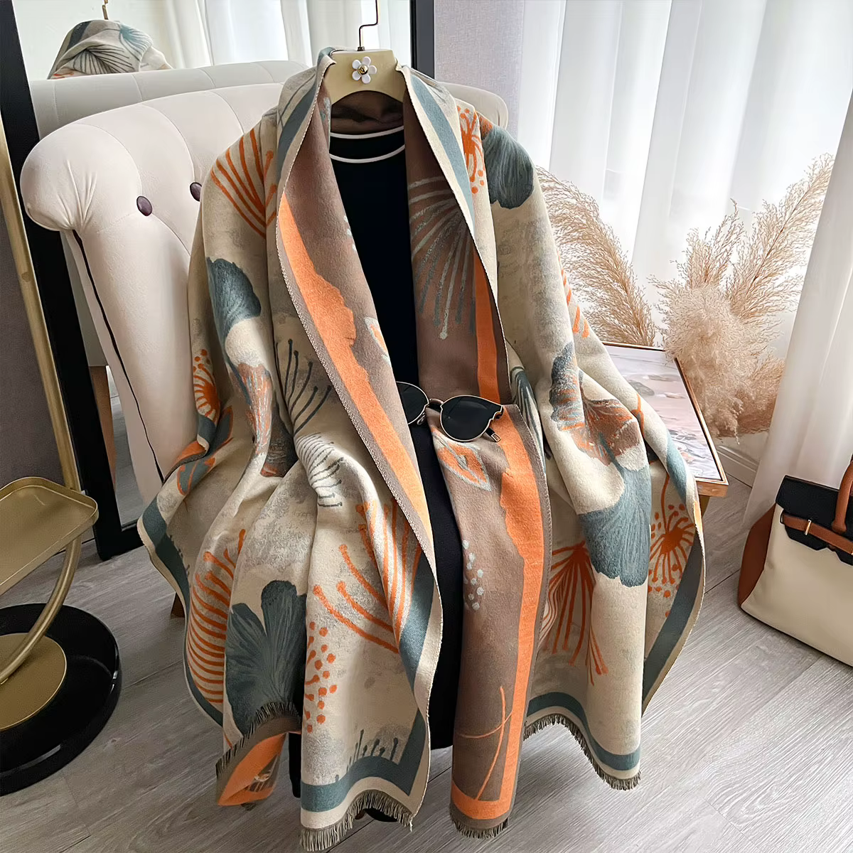 Nouvelle marque de mode pour femmes Foulard feuille de Ginkgo de luxe automne hiver châles chauds imprimé écharpe