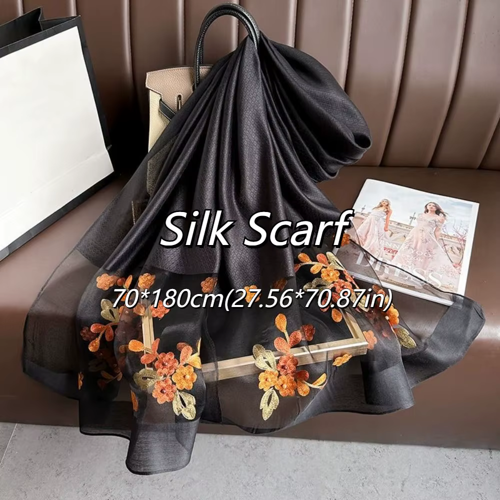 Élégant doux mince luxe Foulard en soie fleur broderie