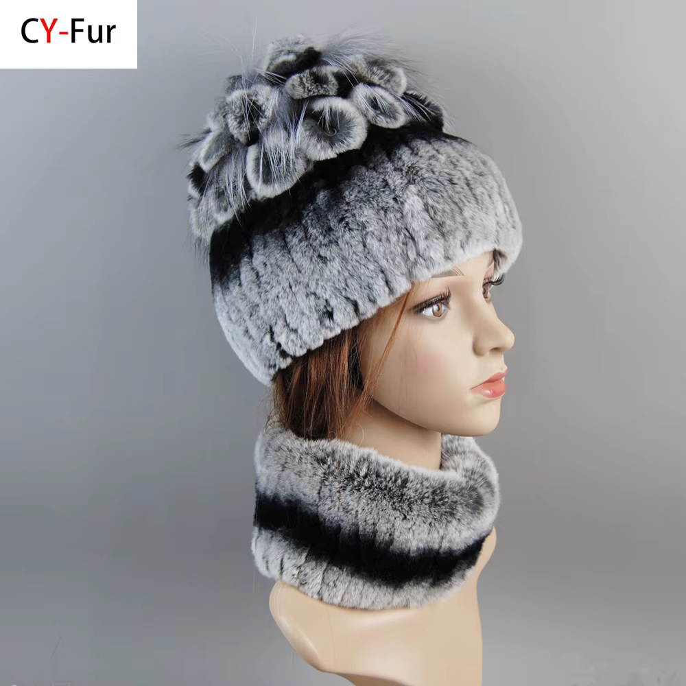 Ensemble Chapeau et Écharpe en Vraie Fourrure de Lapin Rex pour Femme