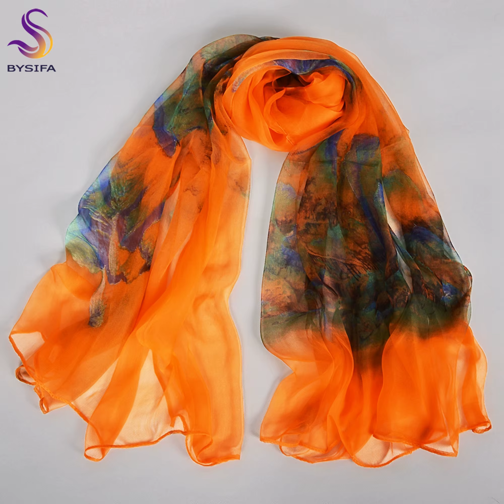 [BYSIFA] foulard en soie de mûrier Orange pour femmes imprimé 170*100cm mode peinture à l'encre à l'eau foulards de luxe châle pour printemps automne