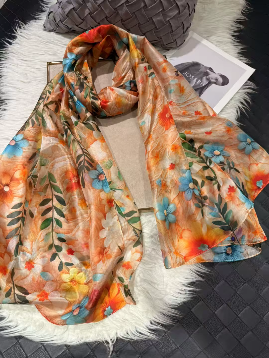 Orange bleu femmes 100% foulard en soie de mûrier élégant Floral longue Pure écharpe