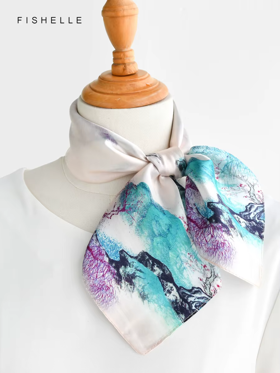 Peinture à l'encre colorée 100% foulards en soie véritable petite écharpe carrée hijab châle cadeau de luxe 50 cm