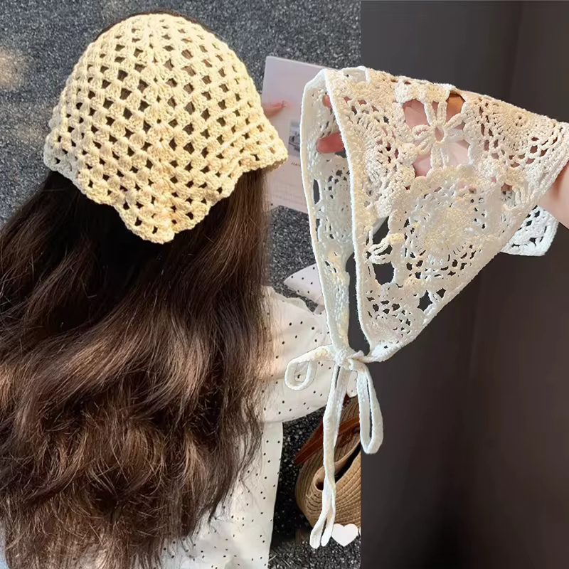 Foulard triangulaire bohème en dentelle de coton blanc pour femme