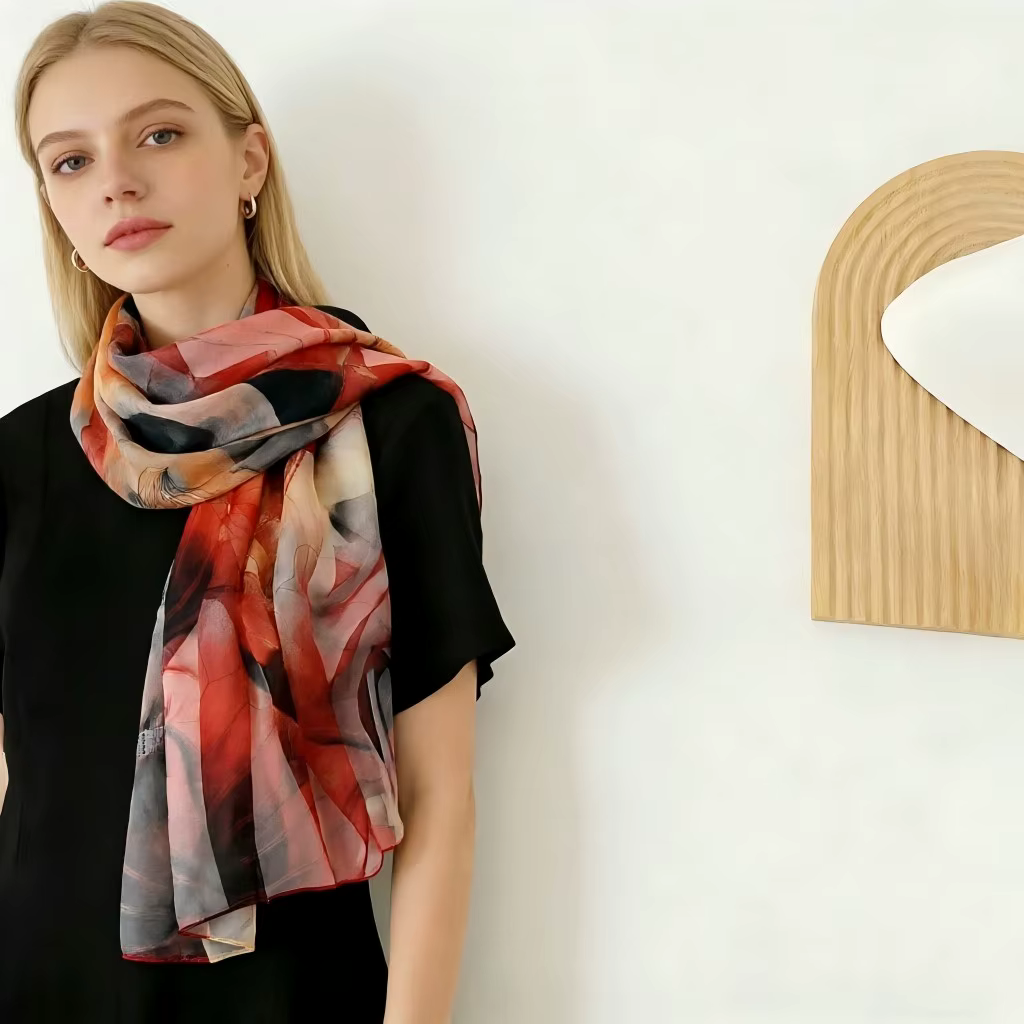 Écharpe en mousseline imprimé lotus - Foulard léger en georgette pour femme