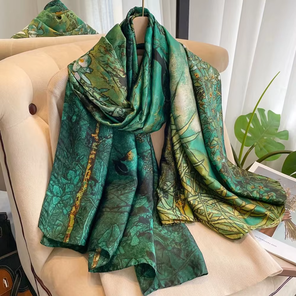 Écharpe de luxe en soie verte 85*180cm pour femme