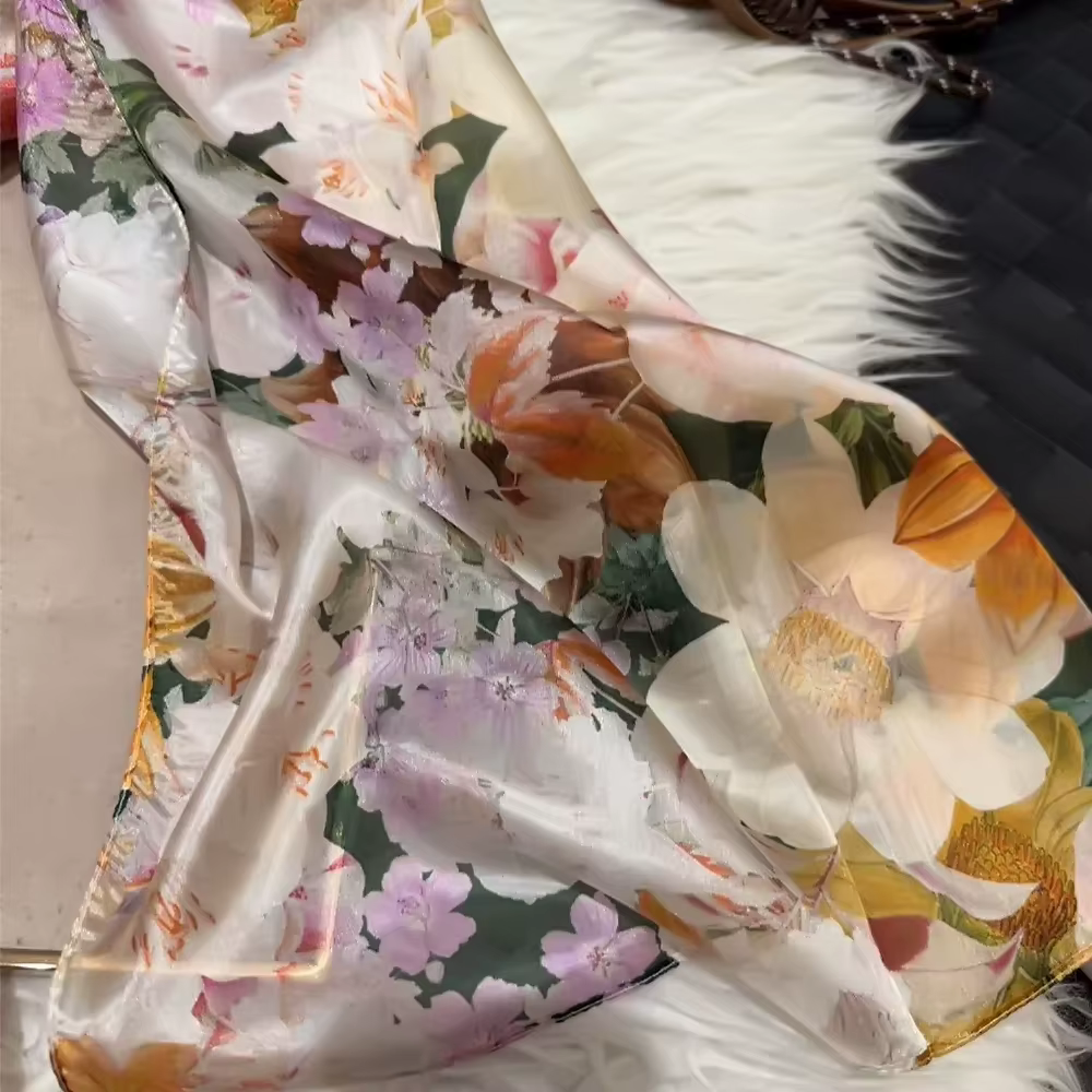 BYSIFA | Beige bleu foulard en soie châle femmes imprimé fleuri écharpe Cape automne hiver 100% mûrier