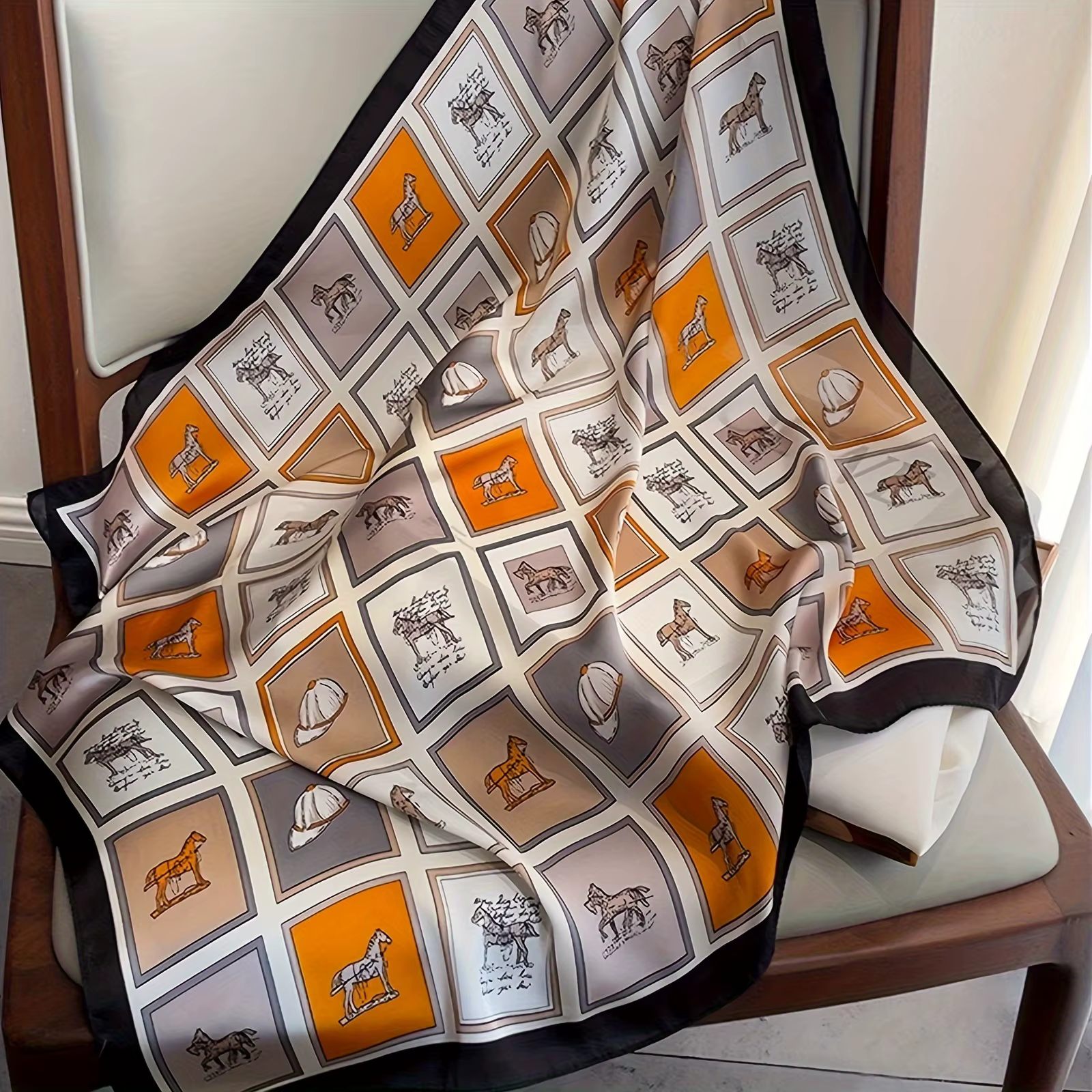 Foulard carré imprimé cheval à grille de 27.55 pouces