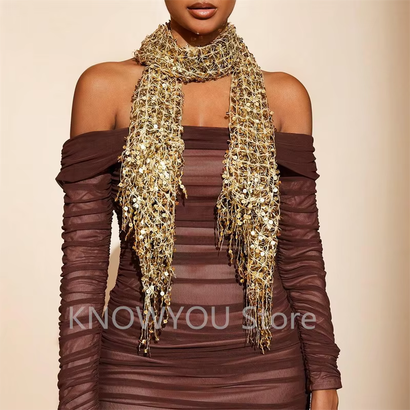 Vintage doré scintillant frange écharpe fête châle femmes luxe foulard paillettes déco enveloppes