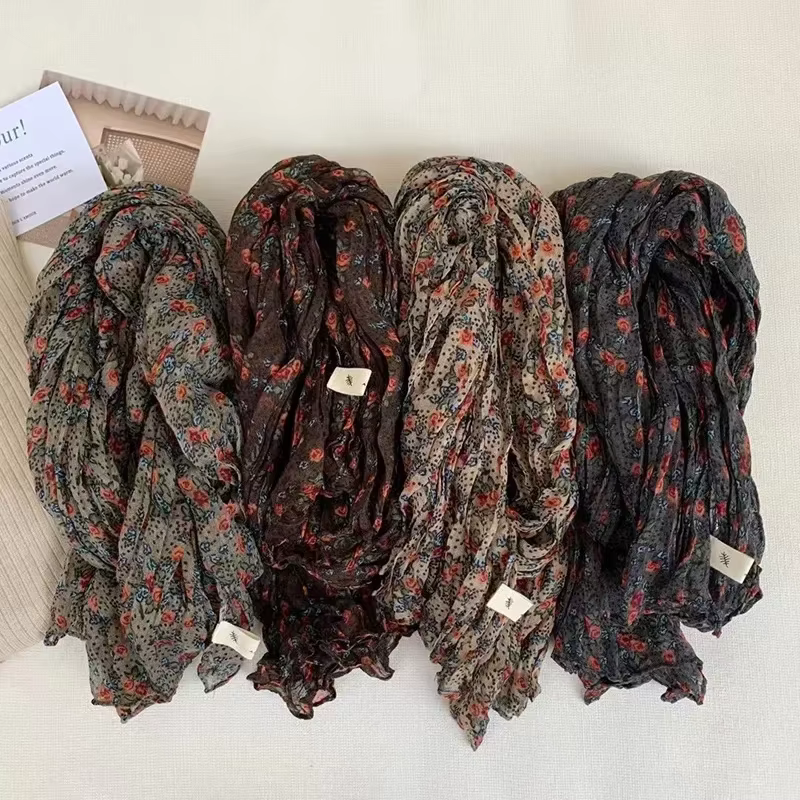 VREOVOR Antique écharpe nouvelle automne et hiver diffusion en direct chaude littéraire coton et lin rétro fleur froissé hommes femmes