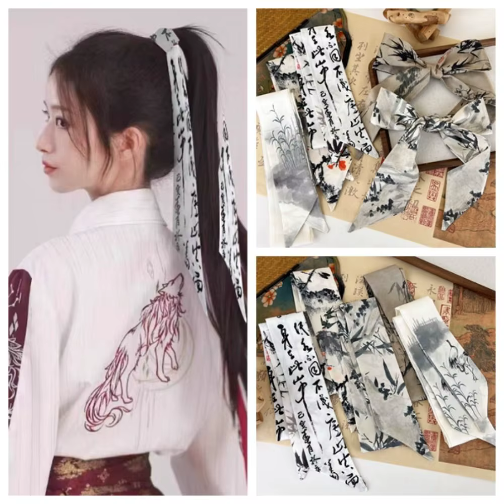 Élégant longue peinture à l'encre foulard en soie Style minimaliste ruban ancien bandeau de cheveux