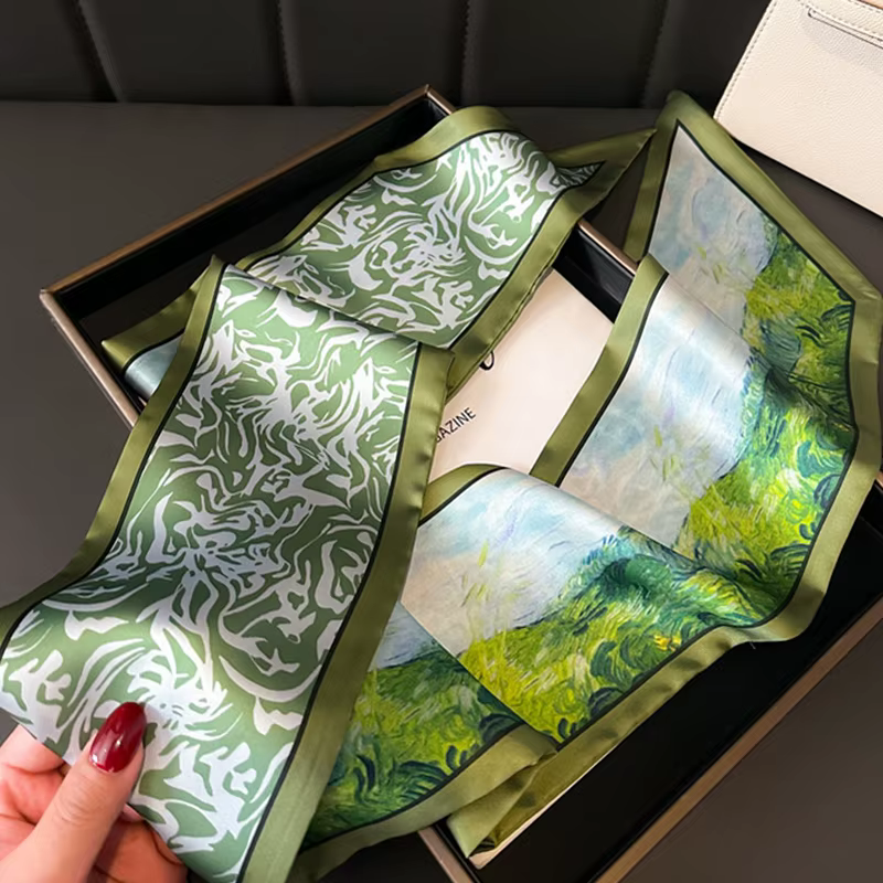 Vert femme maigre foulard en soie 147x14cm longue bande de cheveux ruban