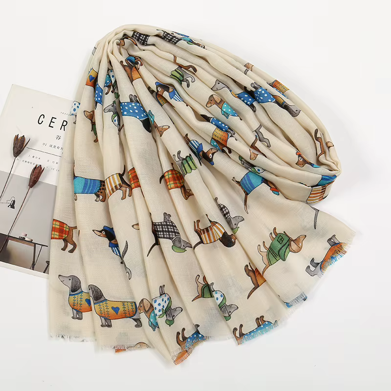 Écharpe en Viscose à Motif de Chien et Chat pour Femme Musulmane