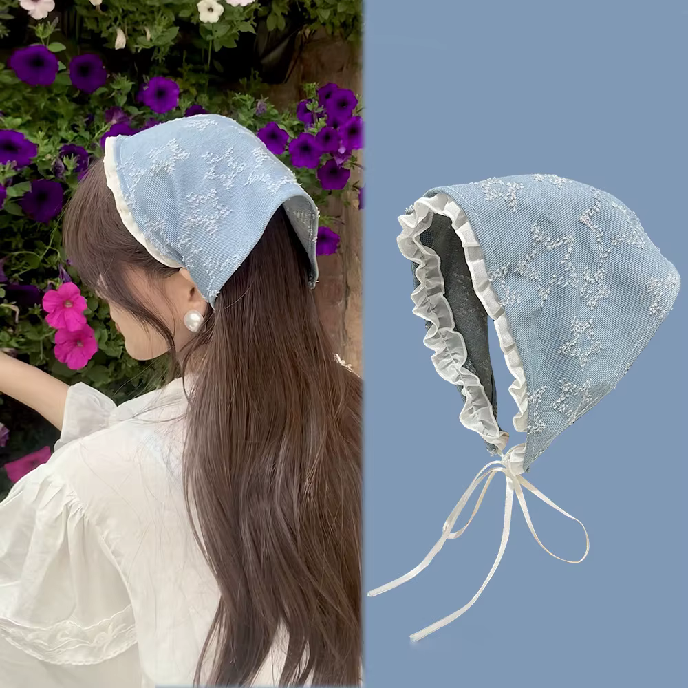 Foulard femme étoiles Denim bleu Turban dentelle écharpe nœud sangle Triangle bandeau Y2K Niche chapeau Vintage