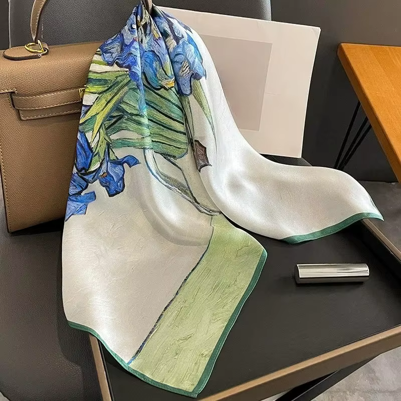 Chic iris fleur écharpe 100% soie naturelle Hijab enveloppes mode femmes carré Bandana Foulard