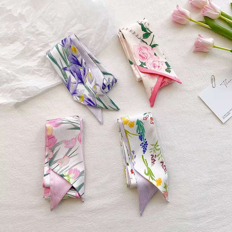 Écharpe décorative Rose longue bande Double face petit foulard en soie bandeau pour femme banderole de cheveux attachée