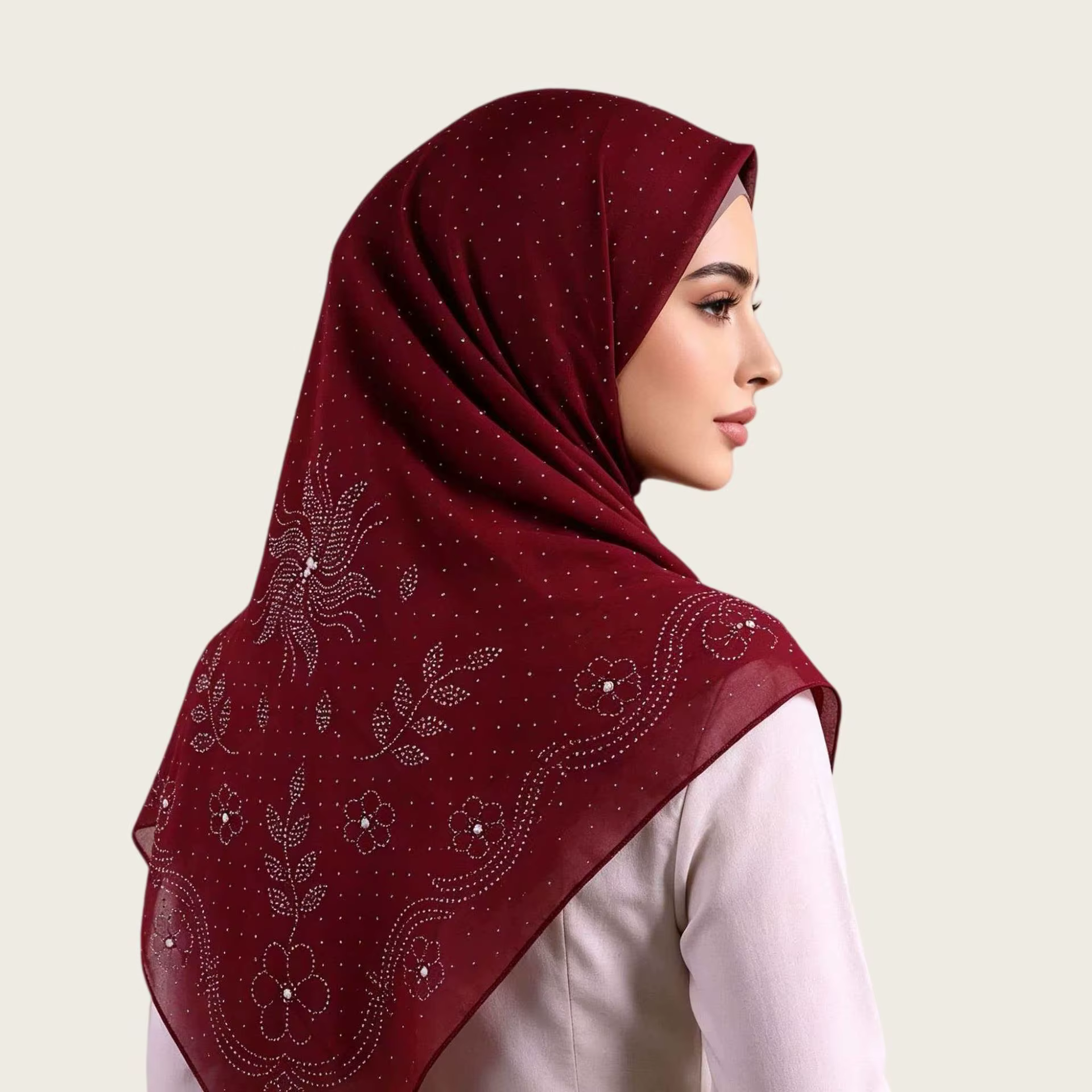 Foulard carré musulman pour femme 105x105cm, Hijab arabe en mousseline de soie perlée, Voile islamique ethnique avec épingle offerte