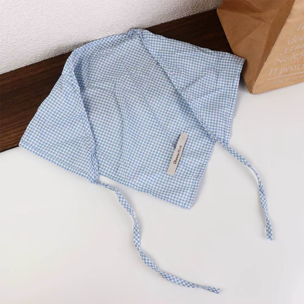 Foulard Cheveux Rouge Vintage Bohème Bandana Bleu Doux Triangle Réglable Style Pastoral à Carreaux pour Femme