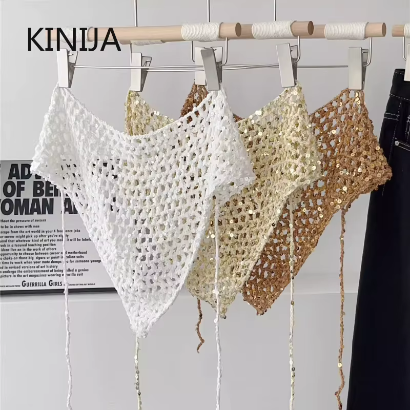 Écharpe triangulaire en tricot ajouré à paillettes style Ins pour femme