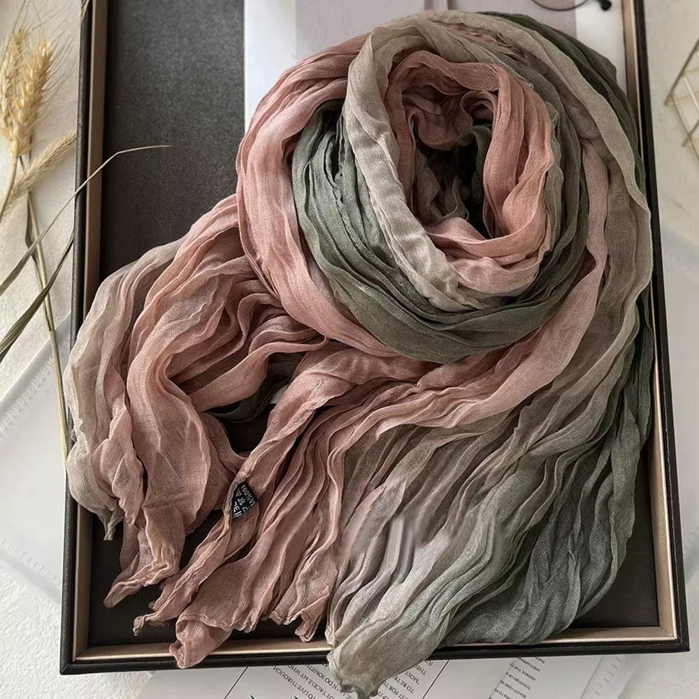 Foulard en lin de coton rétro automne hiver plissé soie longs châles musulman froissé Hijab