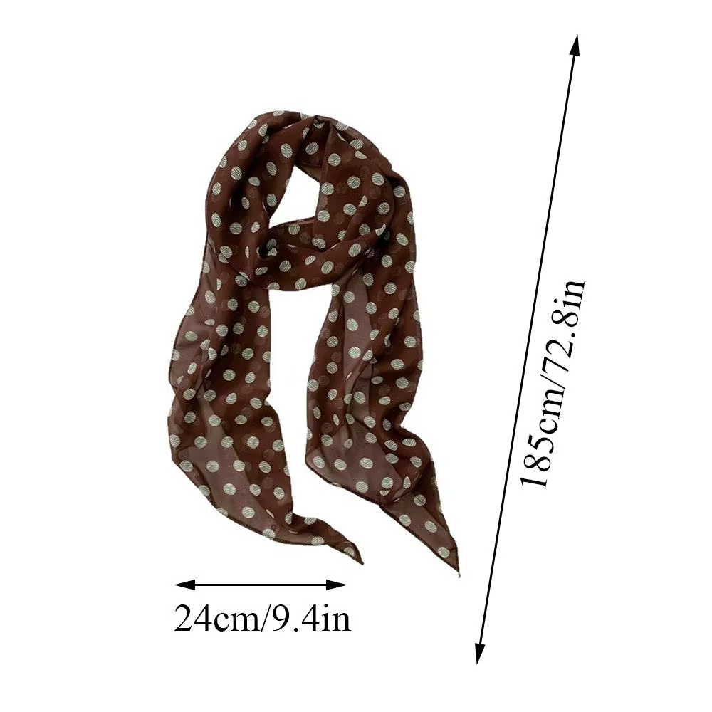 Ins marron à pois longue écharpe en soie printemps été polyvalent foulard sac rubans doux en mousseline