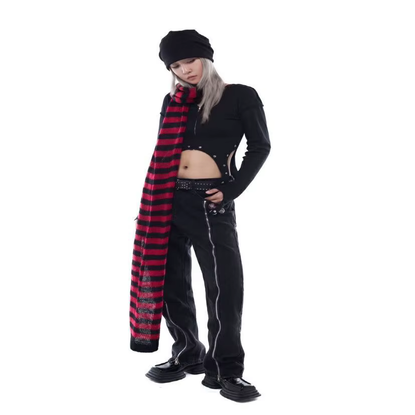 KOSAHIKI 2026 Y2k Girl Long Scarves Korean Japanese Basic Scarf Gothic Stripe Women Unisex Harajuku Knitted Neckerchief