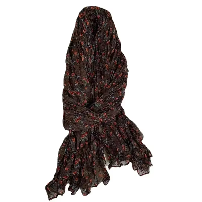 VREOVOR Antique écharpe nouvelle automne et hiver diffusion en direct chaude littéraire coton et lin rétro fleur froissé hommes femmes