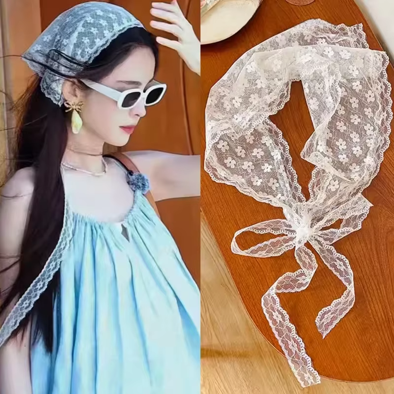 Femmes Style campagnard français dentelle maille Triangle écharpe printemps été Floral cheveux