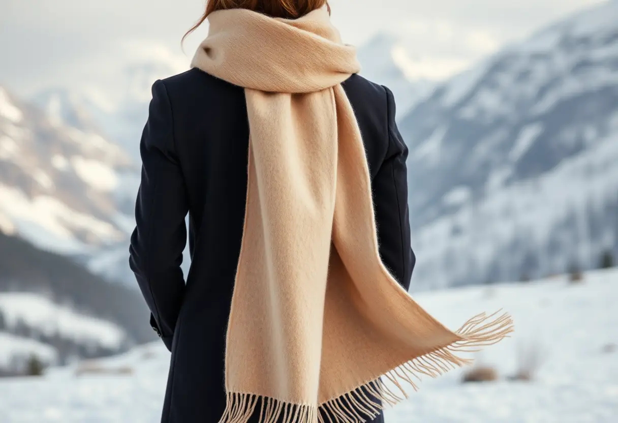 Une personne porte une écharpe en cachemire beige dans une montagne enneigée, soulignant la chaleur du tissu