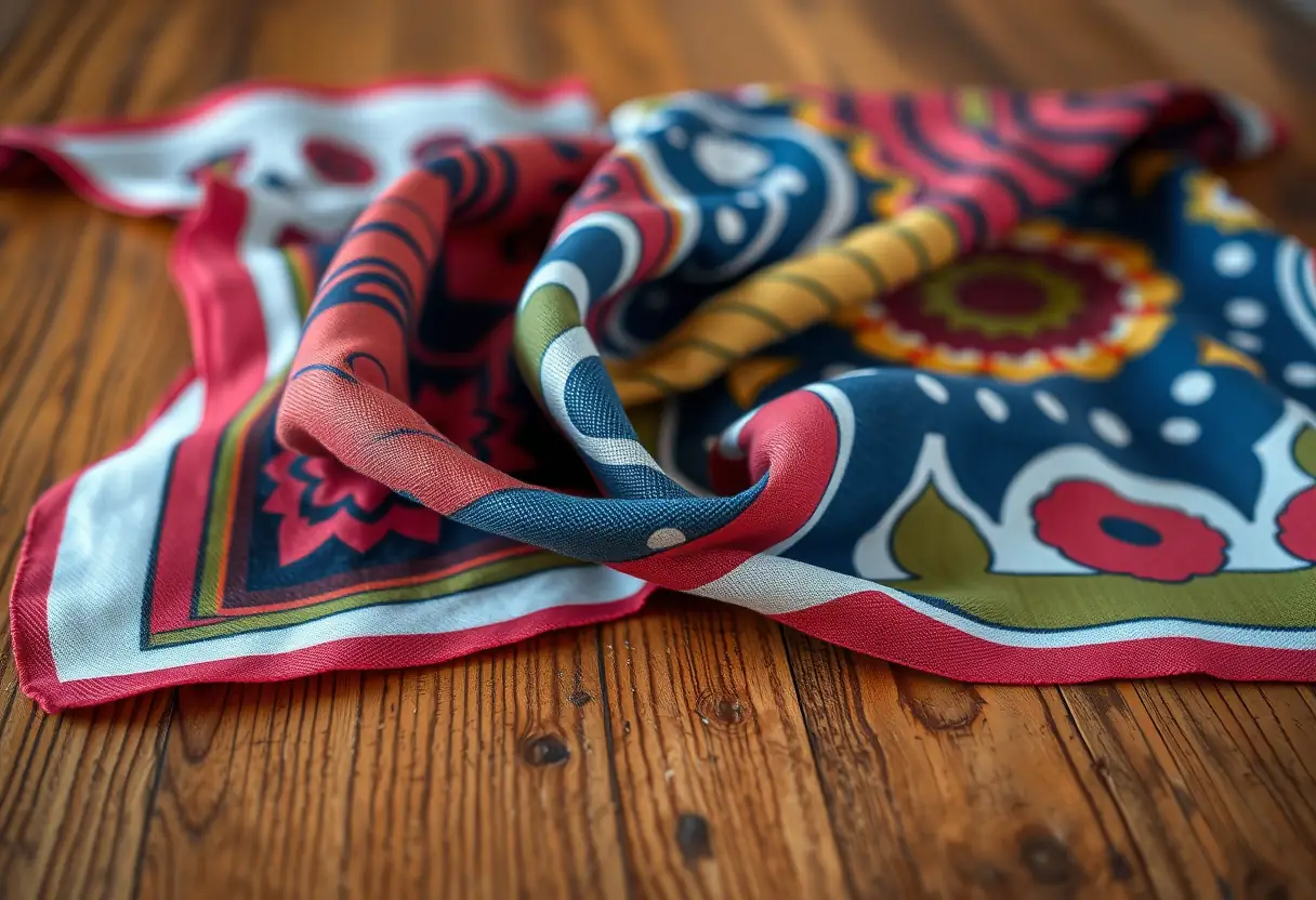 Un foulard carré en coton posé sur une table en bois