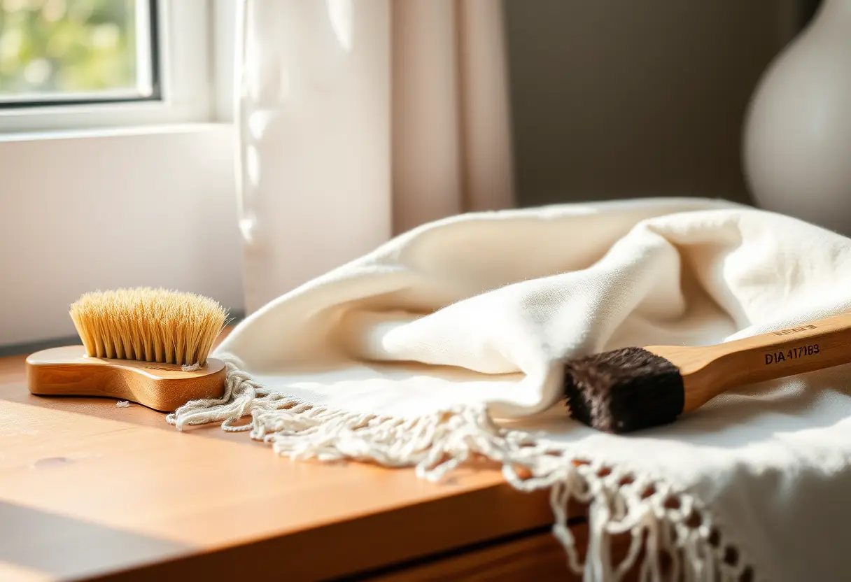 Foulard en coton plié sur une commode avec un pinceau