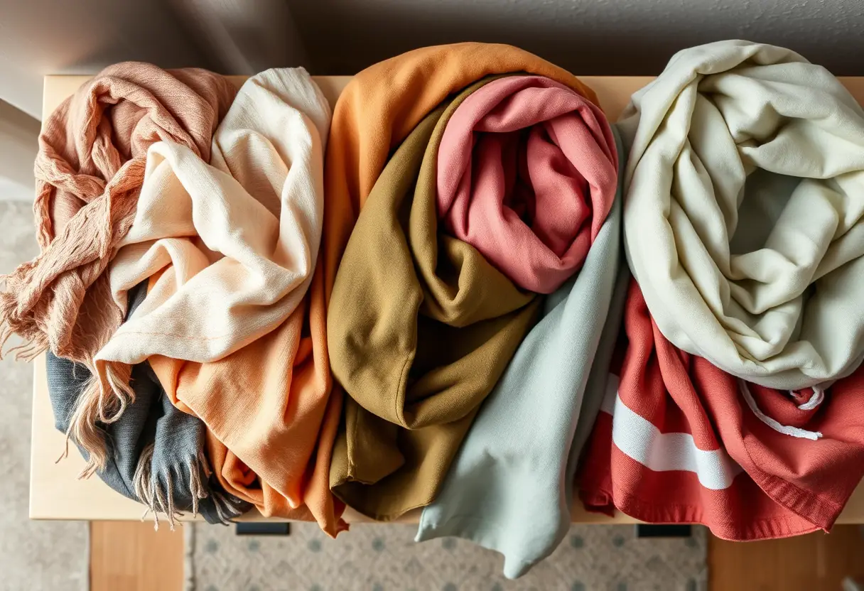 Vue aérienne de plusieurs foulards soigneusement pliés sur une commode, éclairée naturellement.