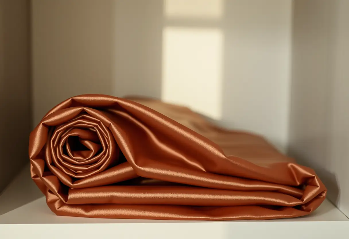 Un rouleau de satin de qualité supérieure sur une étagère, mettant en valeur sa texture luxueuse