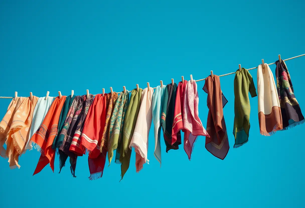Une pile de foulards vintage en soie séchant sur une corde à linge sous un ciel bleu clair, sans text