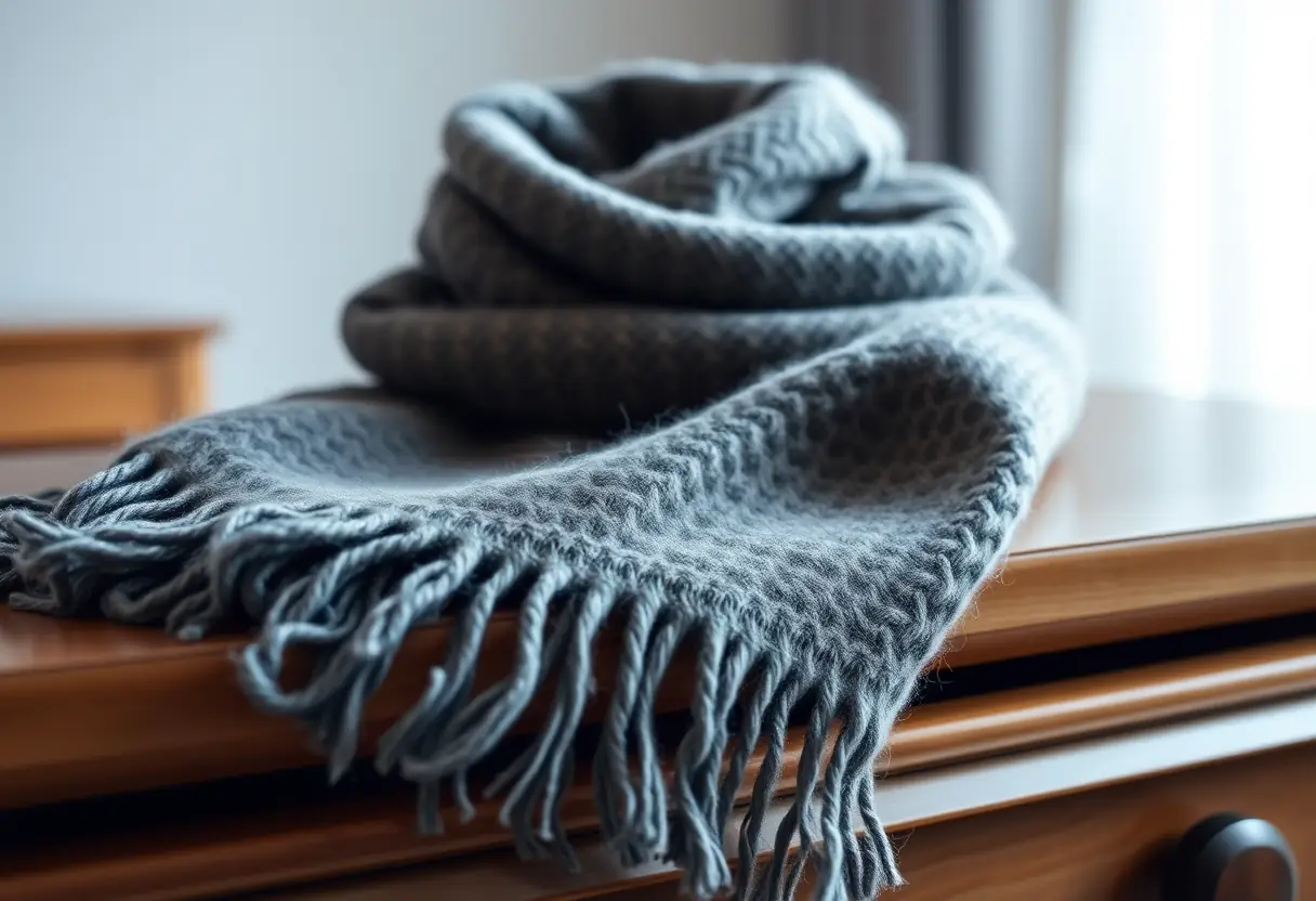 Un foulard en laine plié avec soin sur une commode en bois