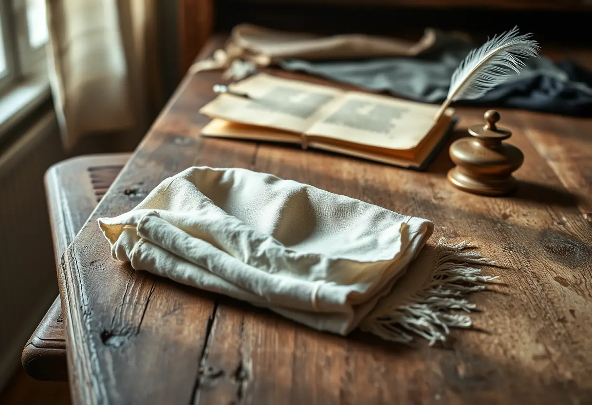 Bureau ancien avec divers tissus, dont un foulard coton plié