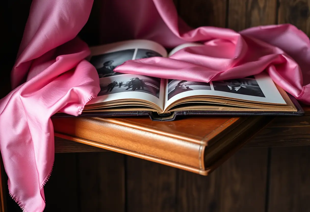 Un foulard rose posé sur un album photo en cuir ancien sur une étagère en bois rustique